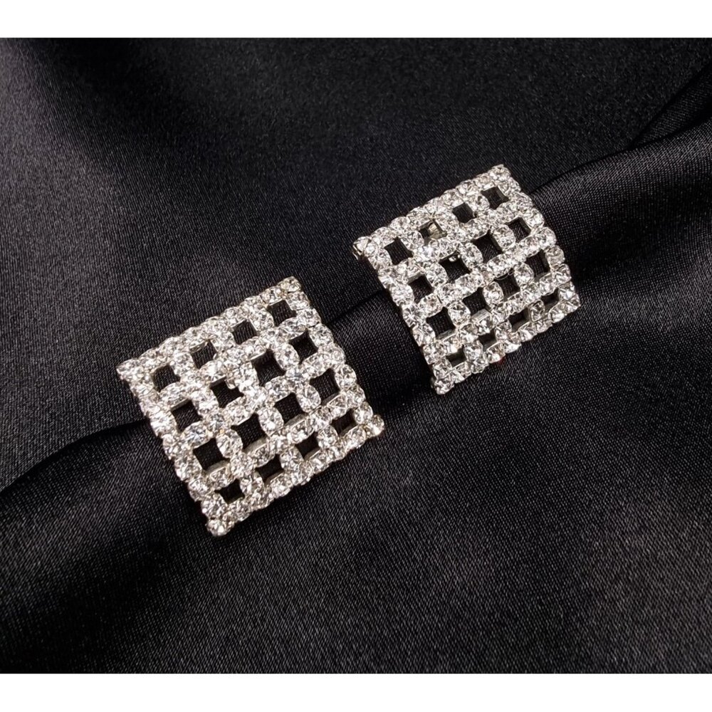 Vintage 1960's Crystal Rhinestone Grid Clip On Earrings Geometric